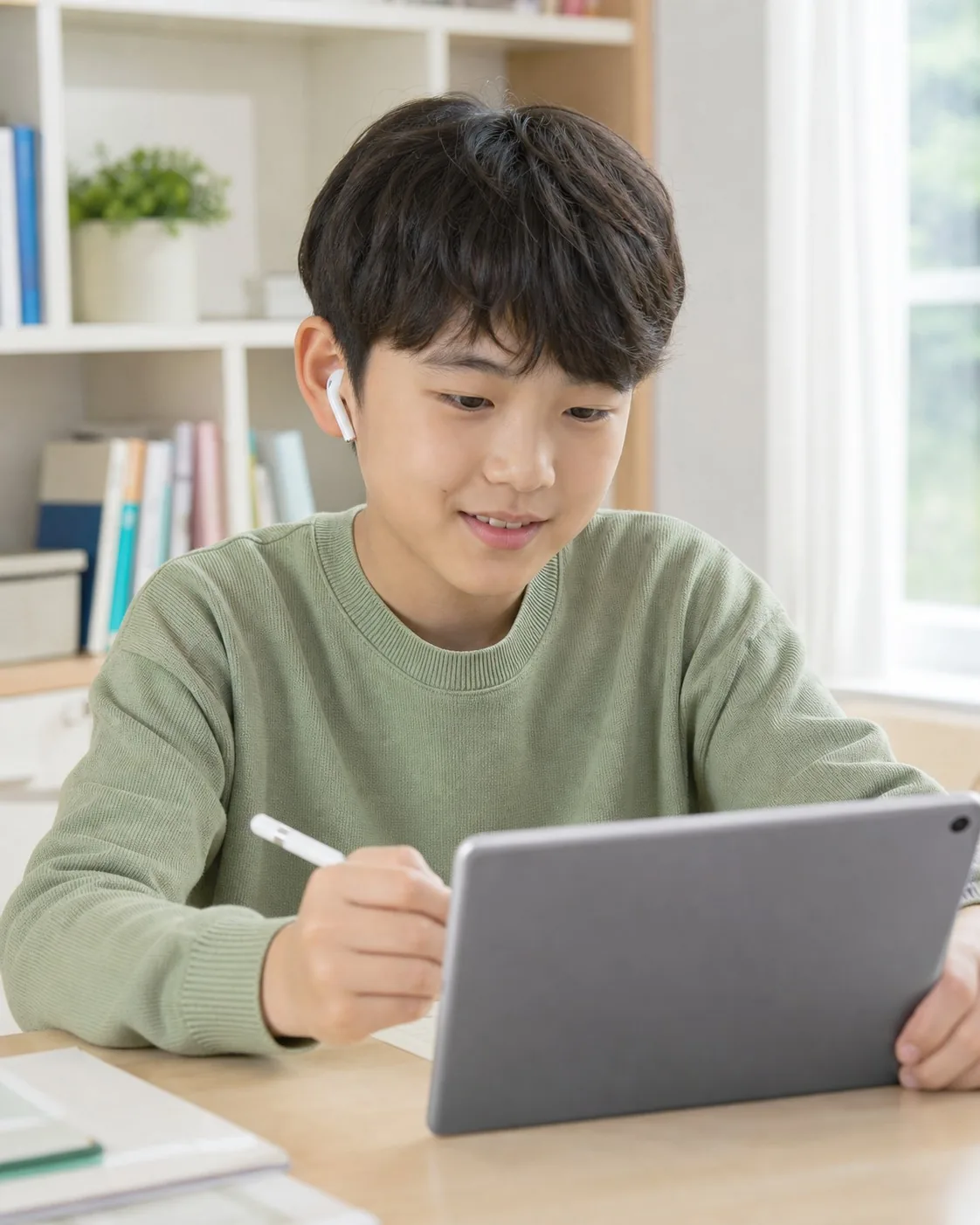 사복 차림으로 무선 이어버드를 끼고 태블릿으로 학습하는 Core B 초등 고학년 학생
